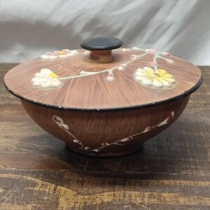 Italian ceramic dish with lid raised floral Faux wood look